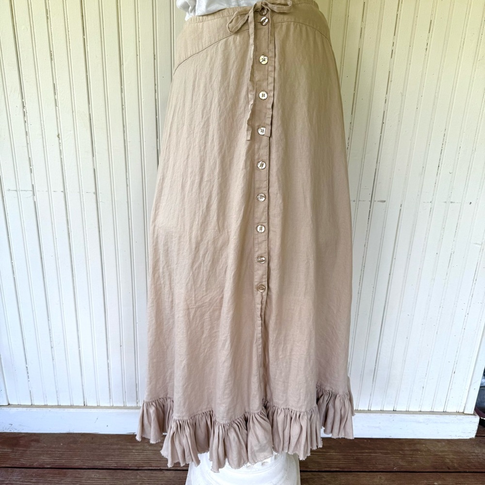 London Jeans Sz 2 Linen Beige Maxi Skirt Button Front Tie Festival Flare Fringe